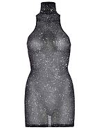 Night mini dress, sheer mesh, turtle neck, shimmering lurex